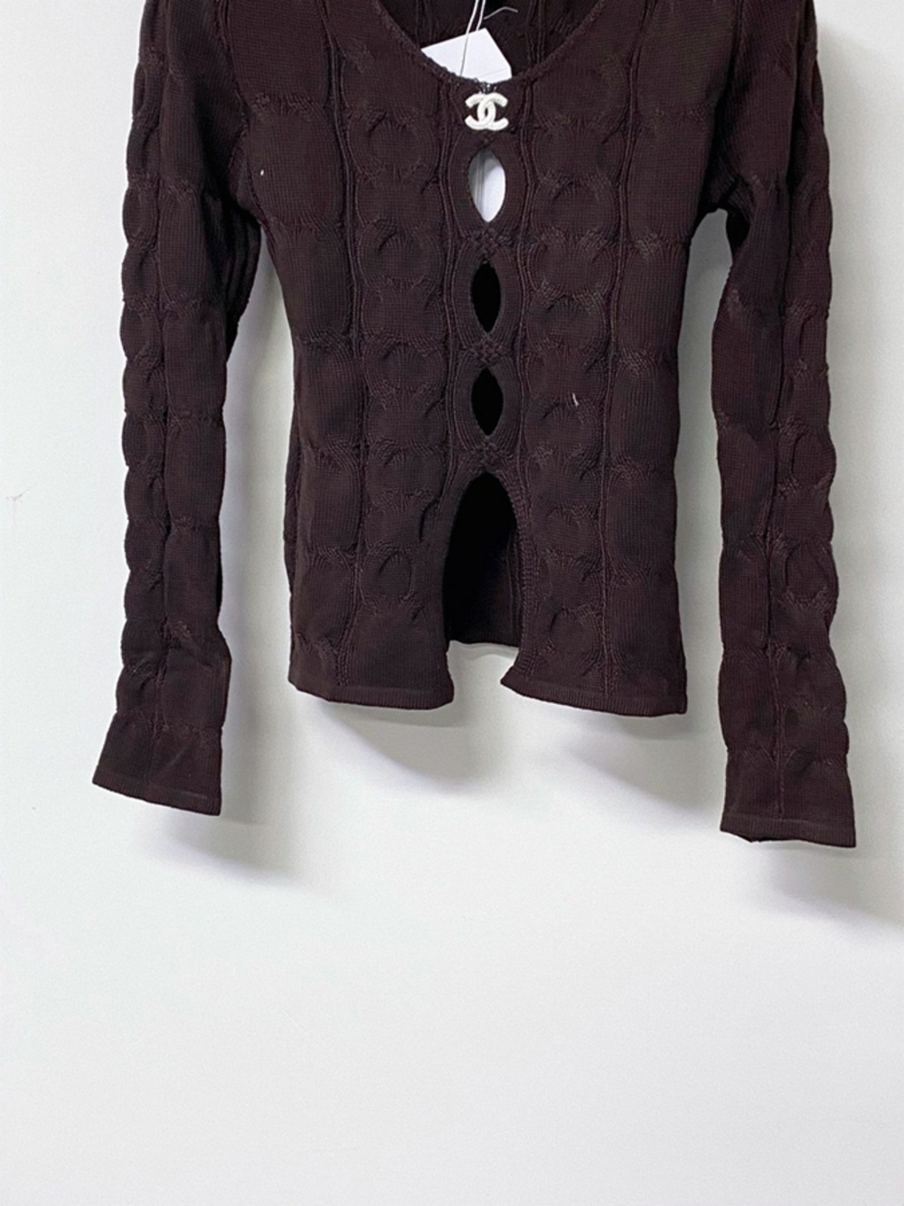 Chanel Cable Knit Hollow Front Long Sleeve Cropped Blouse - Picture 3 of 5